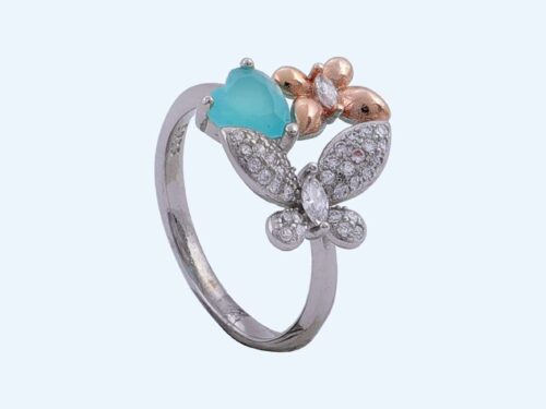 LADIES RING SILVER ROSE GOLD BUTTERFLIES BLUE