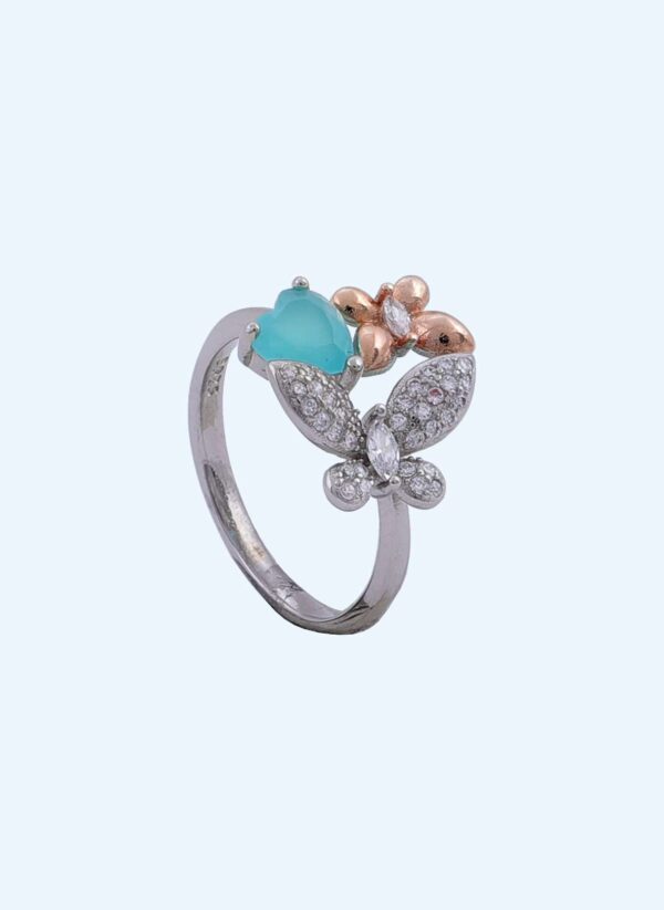 LADIES RING SILVER ROSE GOLD BUTTERFLIES BLUE
